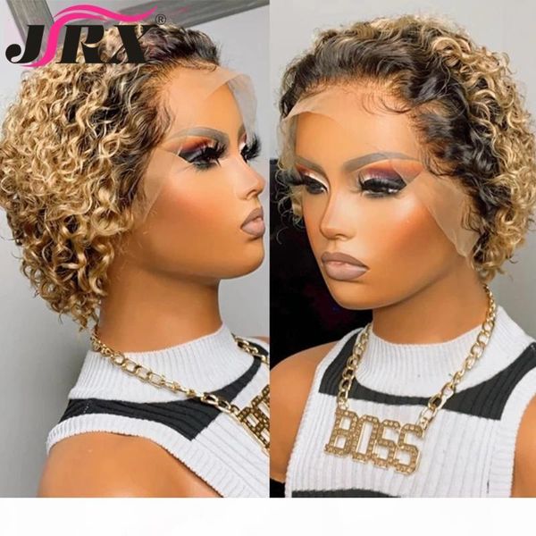 

colored human hair wigs 13x6 1b 30 ombre blonde pixie cut t part lace front wig short bob curly remy wigs 150% 180% density, Black;brown