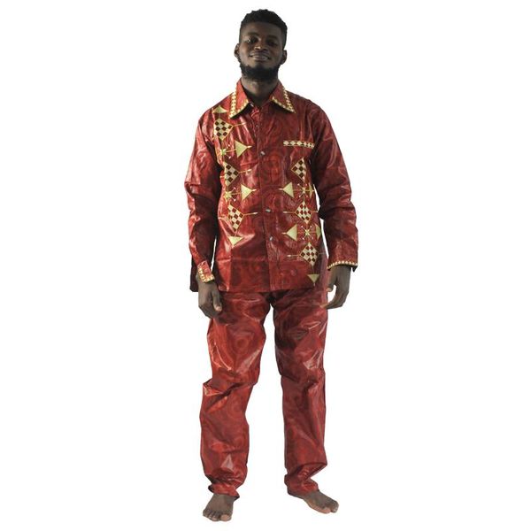 

md south african traditional wear bazin riche clothes for men shirt with pants suit embroidery african style, Red