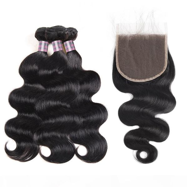 

38inch indian human hair bundles with closure 5x5 lace closure brazilian body wave virgin hair extensions wholesale straight peruvian wefts, Black