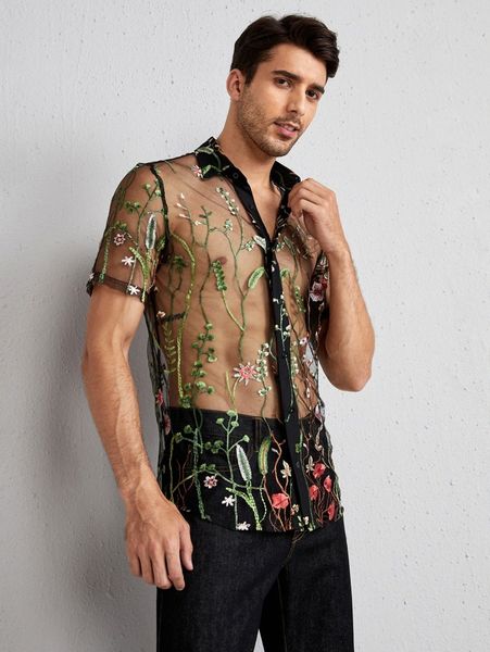 

men floral embroidery sheer mesh shirt p4rc#, White;black