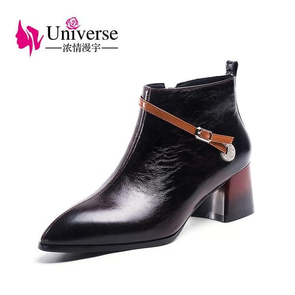 

universe metal ring lace-up decoration zipper ankle boots woman square heel women winter high shoes 2021 botas mujer j223, Black