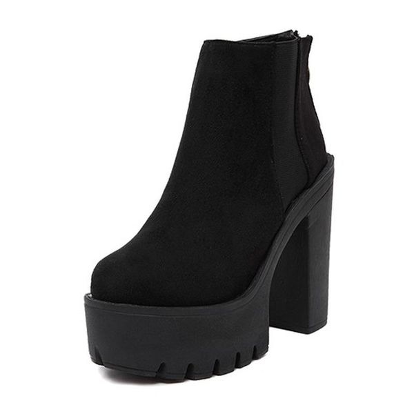 

fashion black ankle boots for women thick heels spring autumn flock platform shoes high heels black zipper ladies boots