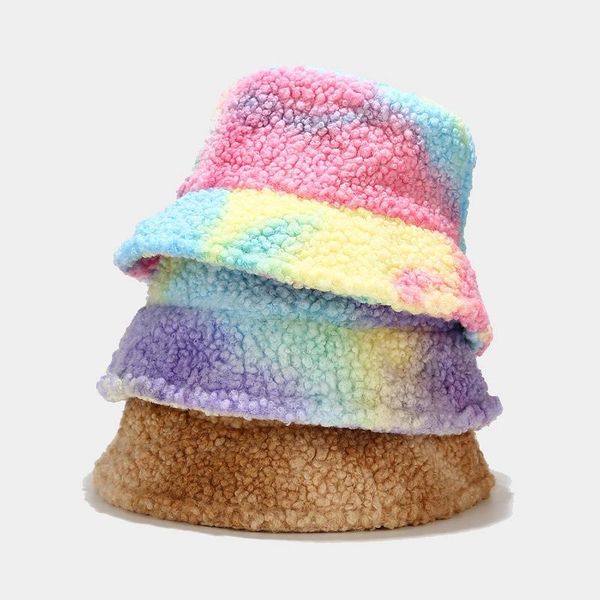 

winter 2020 women tie dye faux lamb fur bucket hats outdoor thickness warm windproof sunscreen lady fashion fisherman sun hat, Blue;gray