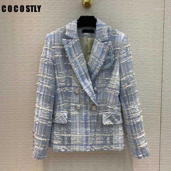 

2020 tweed blazer women's lapel double-breasted slim tweed suit jacket beaded craft high-quality office lady jacket1, White;black