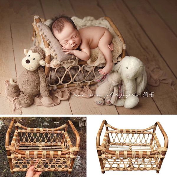 Neonato Vintage Woven Basket Rattan Basket Studio BABY PROPS per fotografie in posa di divano Accessore Foto Bebe LJ201105