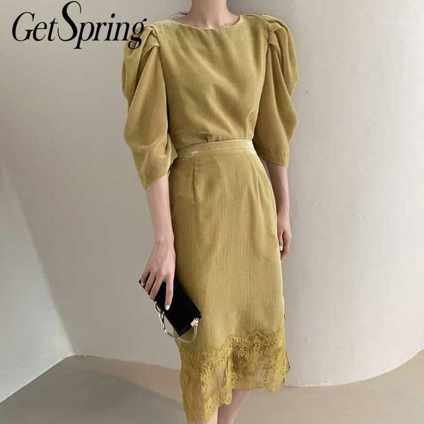 

getspring women set women shirt skirt sets puff sleeve o-neck shirt high waist lace long skirts velour 2 piece set1, Gray