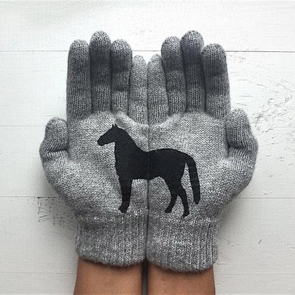 

five fingers gloves men' winter women ladies woolen outdoor full finger mittens warm dog printing streetwear, Blue;gray