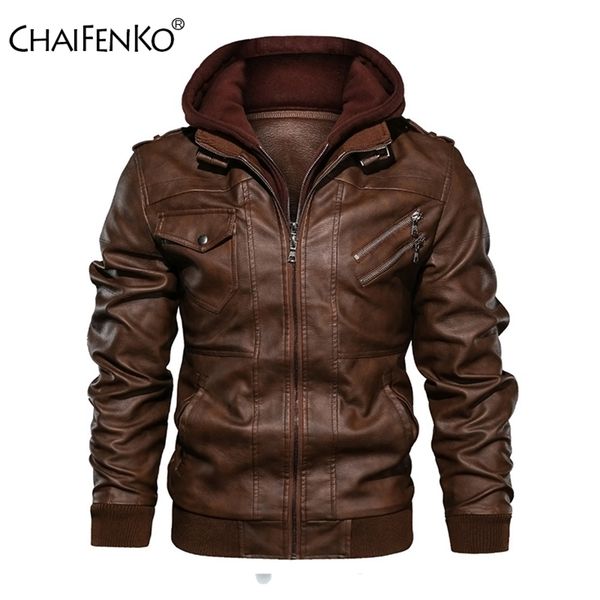 

chaifenko winter brand warm men leather jacket motorcycle stand collar with cap leather coats men fashion casual pu men jacket 201215, Black