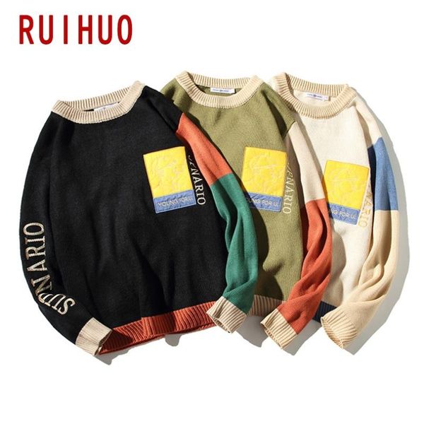 

ruihuo patchwork vintage sweater men clothing 2020 fashion harajuku sweaters pullover men sweater winter clothes -5xl, White;black