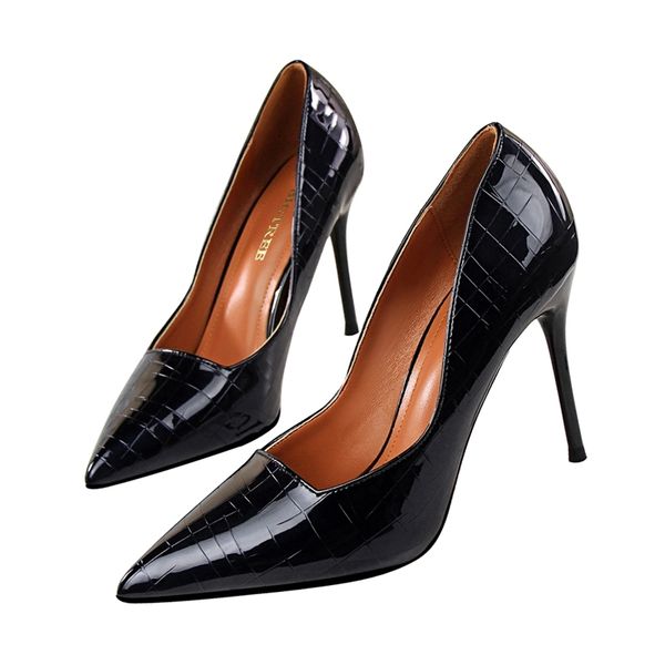 

pumps women shoes patent leather high heels height 9.5cm summer party shallow ladies shoes size34-43 stiletto women heels #on5k, Black