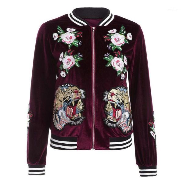 

wholesale- fashion women slim velvet jacket bomber embroidered tiger casaco feminino1, Black;brown