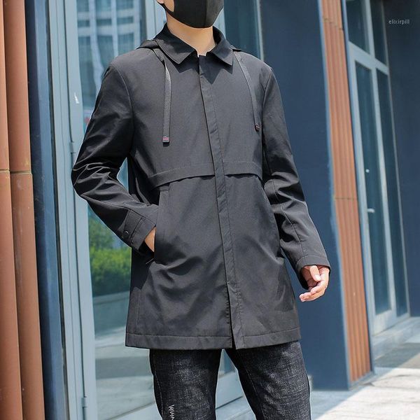 

autumn mid long jacket men s new hooded business casual windbreaker solid color handsome coat men1, Black;brown