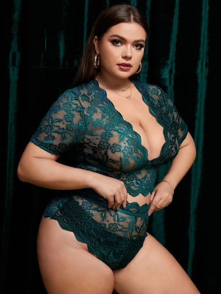 

plus floral lace scallop trim lingerie set b0uz#, Black;white