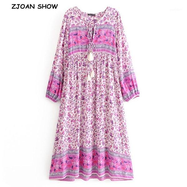 

2020 bohemia tassel lace up v neck location floral print long dress boho woman loose holiday long sleeve dresses beach vestidos1, Black;gray