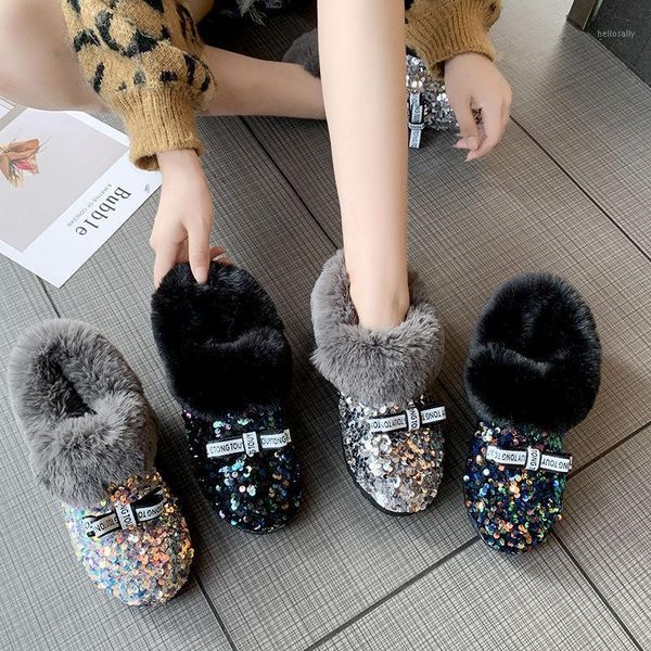 

2020 new winter women bling snow boots female sweet colorful sequins plush warm cotton boots student non-slip short 36-411, Black