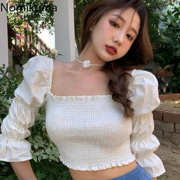 

nomikuma square collar puff long sleeve women blouse korean solid stretch slim high waist short blusas shirt 2020 new 6b0871, White