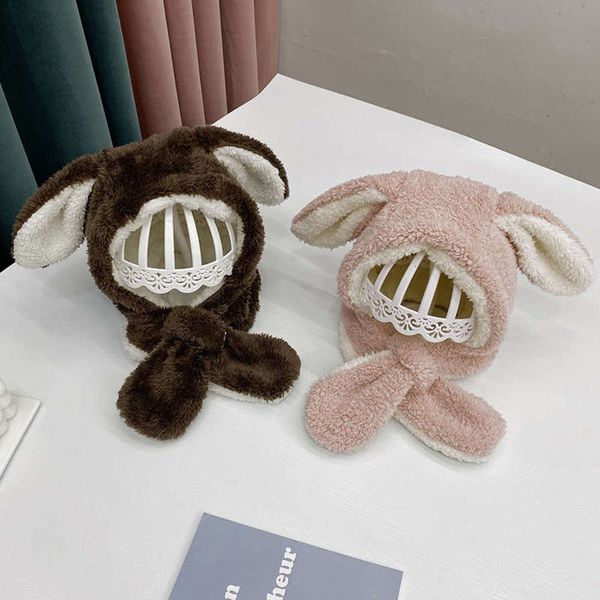 

winter scarf autumn and children's lamb plush warm protection rabbit ear double face cover one piece hat, Red;brown