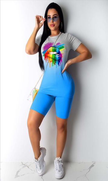 

sport women gradient lips two piece set o neck tee shorts jogger sweatpants suit tracksuit matching set outfit, Gray
