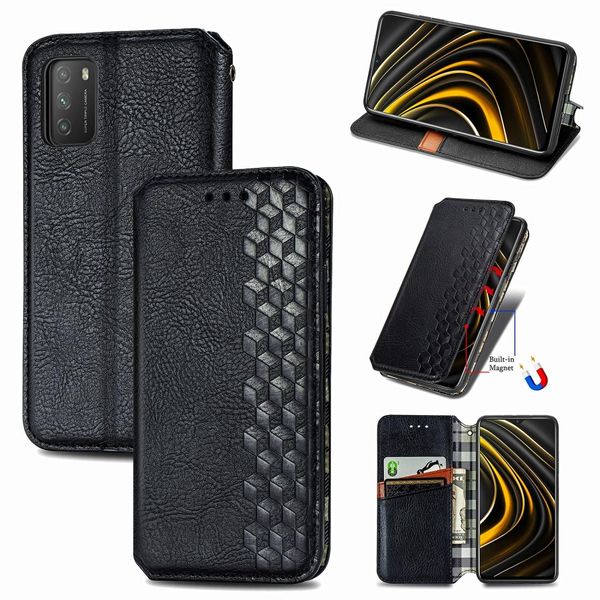 

for xiaomi poco m3 cubic grid pressed horizontal flip magnetic pu leather case with holder card slots wallet