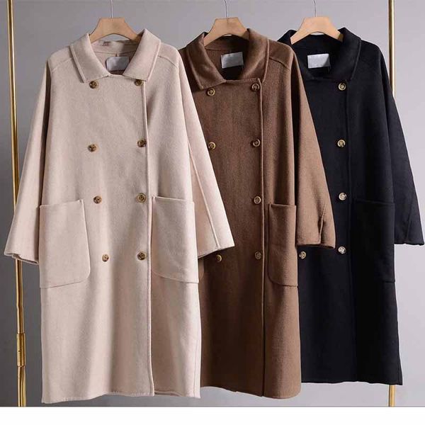 

spring autumn double faced cashmere women womens wool trench coats designer long jacket loose woolen coat fashion casual fleece outerwear cl, Black
