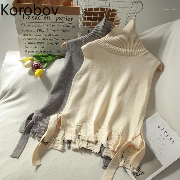 

women's sweaters korobov preppy style streetwear solid knit pullovers korean turtleneck sleeveless vest vintage outwear jumper femme1, White;black