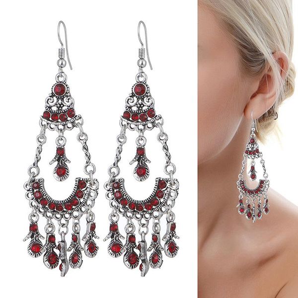 

dangle & chandelier ethnic style retro women's earrings bohemian antique silver color alloy inlaid rhinestones long vintage jewelry
