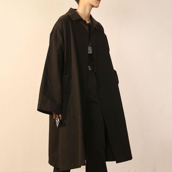 

trench coat jacket long men 2021 new fashion korea japan students youth casual loose coats male spring autumn outwear overcoat, Tan;black