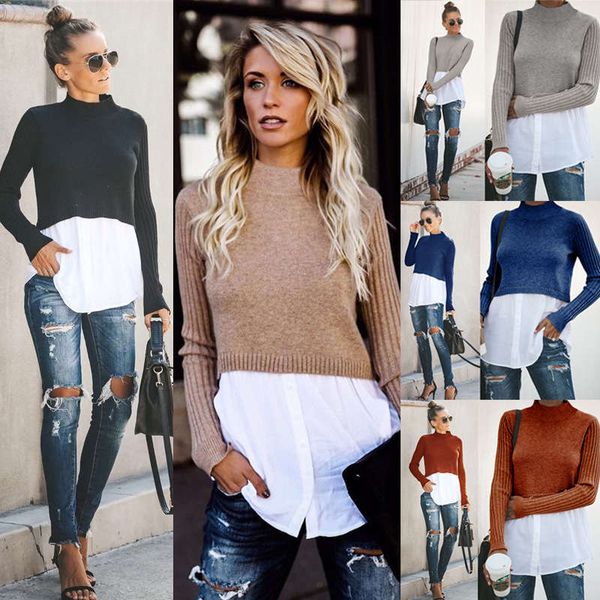 

autumn / winter 2020 stitching long sleeve button up blouse sweater 101244, White;black