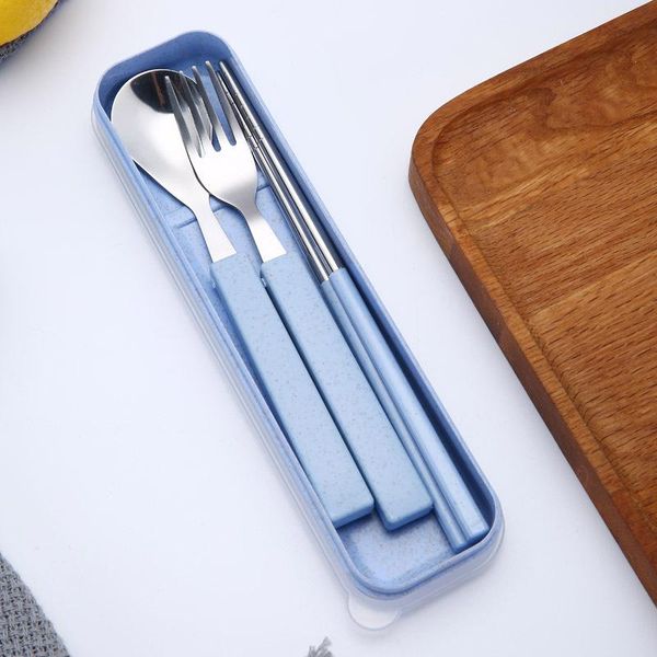 

3pcs stainless steel chopsticks spoon fork tableware set portable gift box school travel picnic wheat straw cutlery set wmtirc