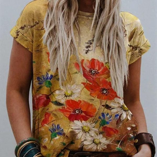 

female floral print o neck women casual t-shirt summer solid color cat print short sleeve cartoon loose, White