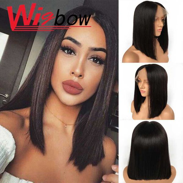 

straight bob wig with 13*4 lace front peruvian human hair wigs for black women transparent lace frontal bob wig with prepluncked, Black;brown