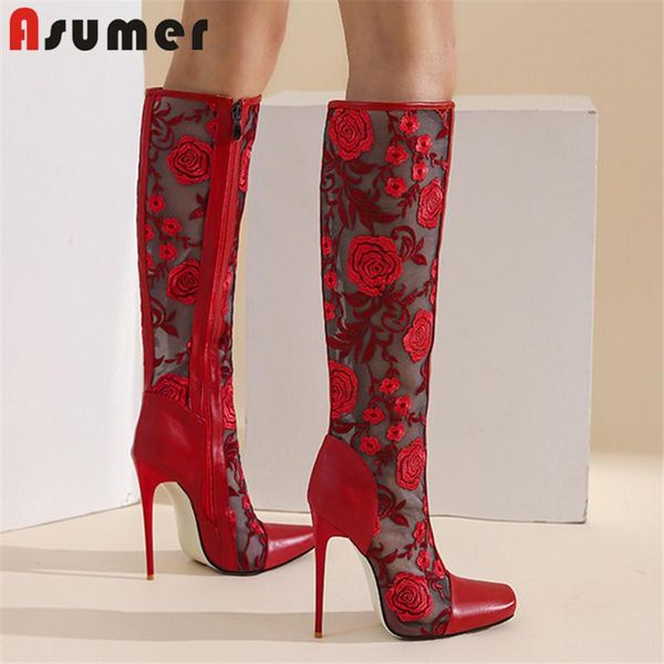 

boots asumer 2021 knee high women square toe mesh summer thin heel party wedding shoes woman red, Black