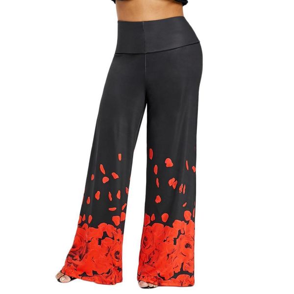

sleeper#401 2019 new fashion fashion womens casual wide leg trousers plus size rose petal printed loose pants drop shipping, Black;white