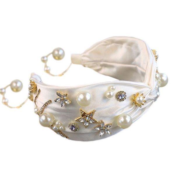 

wedding bridal satin twist knot wide headband crystal star beaded flower hair hoop imitation pearl pendant tassel princess headd