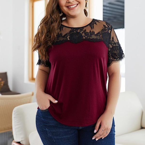 

summer fashion lace patchwork plus size blouse ladies o-neck tee female womens short sleeve shirt blusas femininas clothing1, White