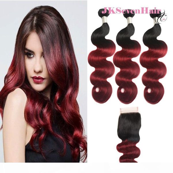 

ombre brazilian virgin hair extension body wave 1b burgundy 3pcs with closure two tone burgundy color indian malaysian peruvian hair bundles, Black