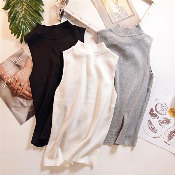 

summer womens slim knitting o neck simple camisole female knitted tank sleeveless basic solid t shirts for girl, White