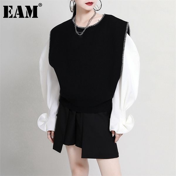 

[eam] women loose fit black knitting split big size vest new round eck sleeveless fashion tide autumn winter 1dc698 201214, Black;white