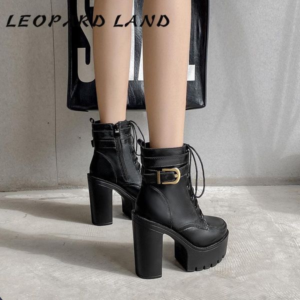 

boots leopard land 2021 women's fashion chunky heel waterproof platform fleece snap winter high -5758-5, Black
