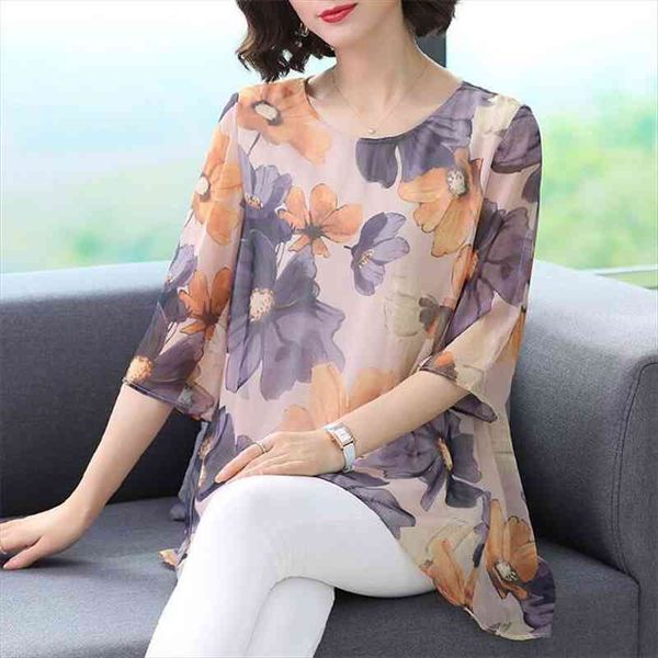

summer middle aaged women korean chiffon o-neck blouse female flower print fashion loose plus size 4xl shirt w53, White