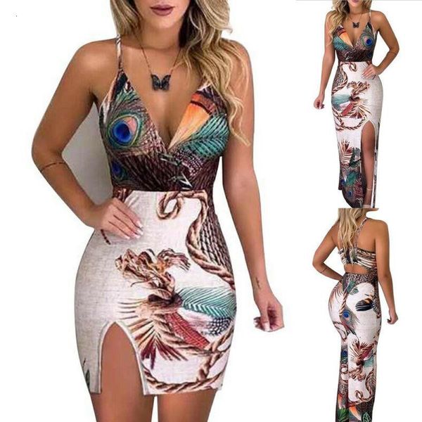 

2021 european and american peacock feather print sling print female dress with slit drop shipping good quality, Black;gray