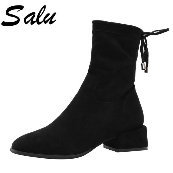 

salu flock leather square heels ankle boots women office ladies dress party boots women winter warm shoes woman, Black