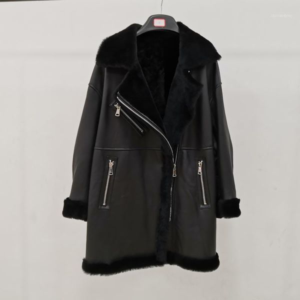 

women clothes winter long natural real sheep fur jacket thick warm lamb wool coat female turn-down collar1, Black