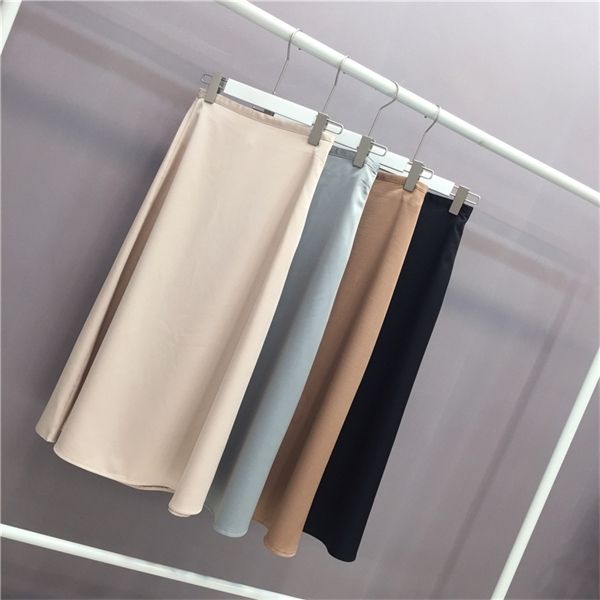 

women elegant ol skirt ladies glossy satin skirt plain shiny fashion party office skirts solid high waist skirts q1217, Black