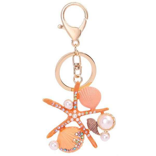 

marine style keychains lovely starfish shell shape pendant with enamel crystal gold color metal women's key chains rings, Silver