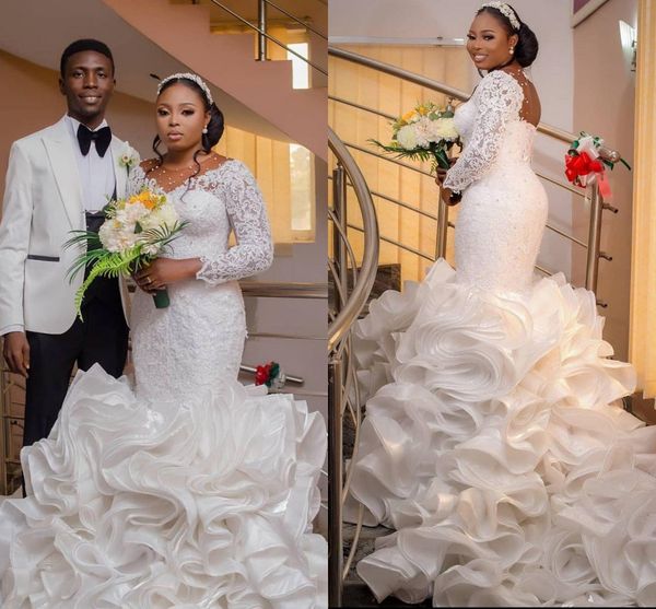

2021 gorgeous organza ruffles long skirt wedding dresses mermaid plus size full sleeve lace appliques beaded african bridal gowns al8319, White