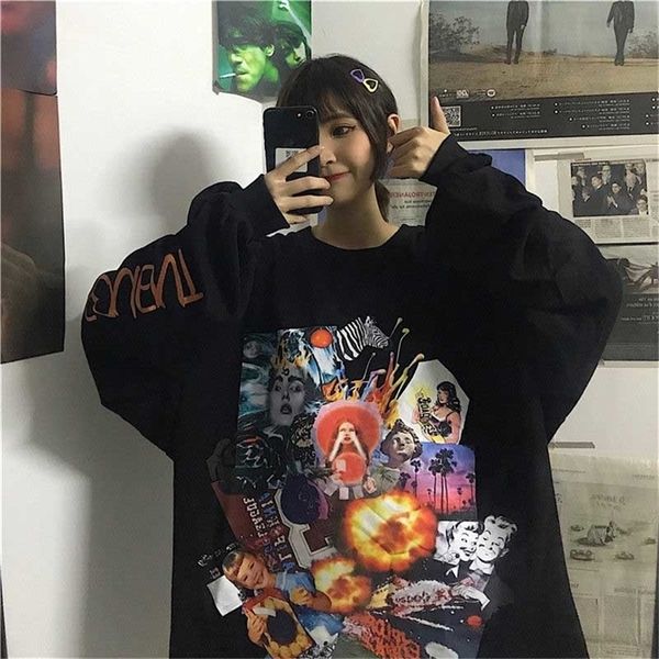 NiceMix Harajuku Stil Poster Graffiti Print Hoodies Herbst Streetwear Lose Langarm Pullover Dünne Sweatshirt Frauen Tuch LJ200808