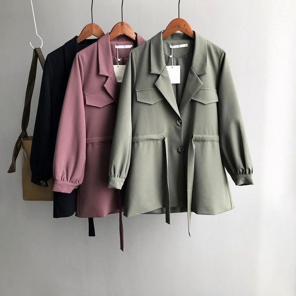 

autumn 2019 new vintage turn-down collar blazers solid color adjustable waist suit trench coat female office lady1, Tan;black