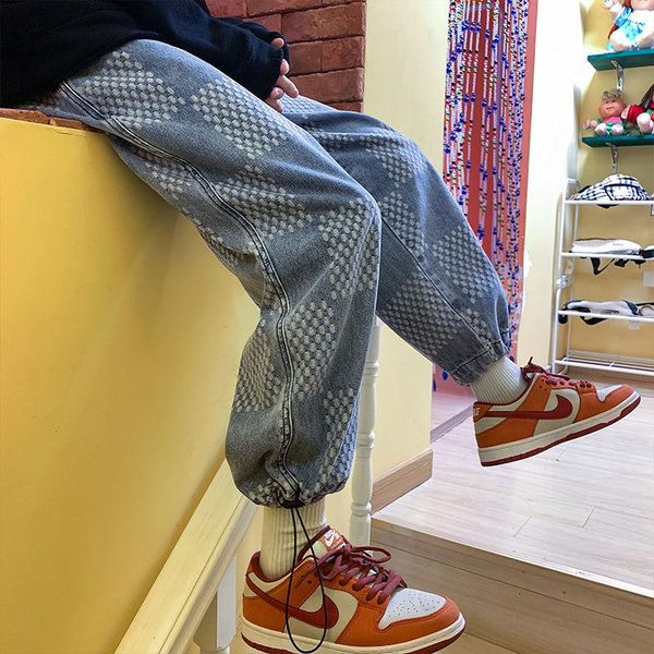 

ins trendy fashion streetwear hip hop pants men's drawstring wide leg trousers port style loose straight-leg plaid jeans men, Blue