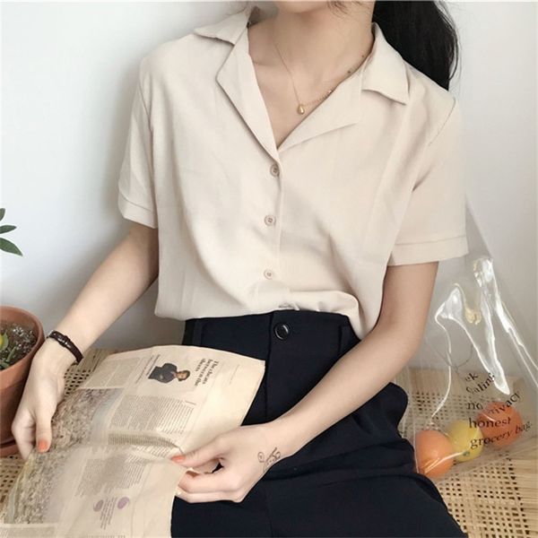

korean fashion women short sleeve solid color chiffon thin shirt turn-down collar casual loose women blouse y200402, White